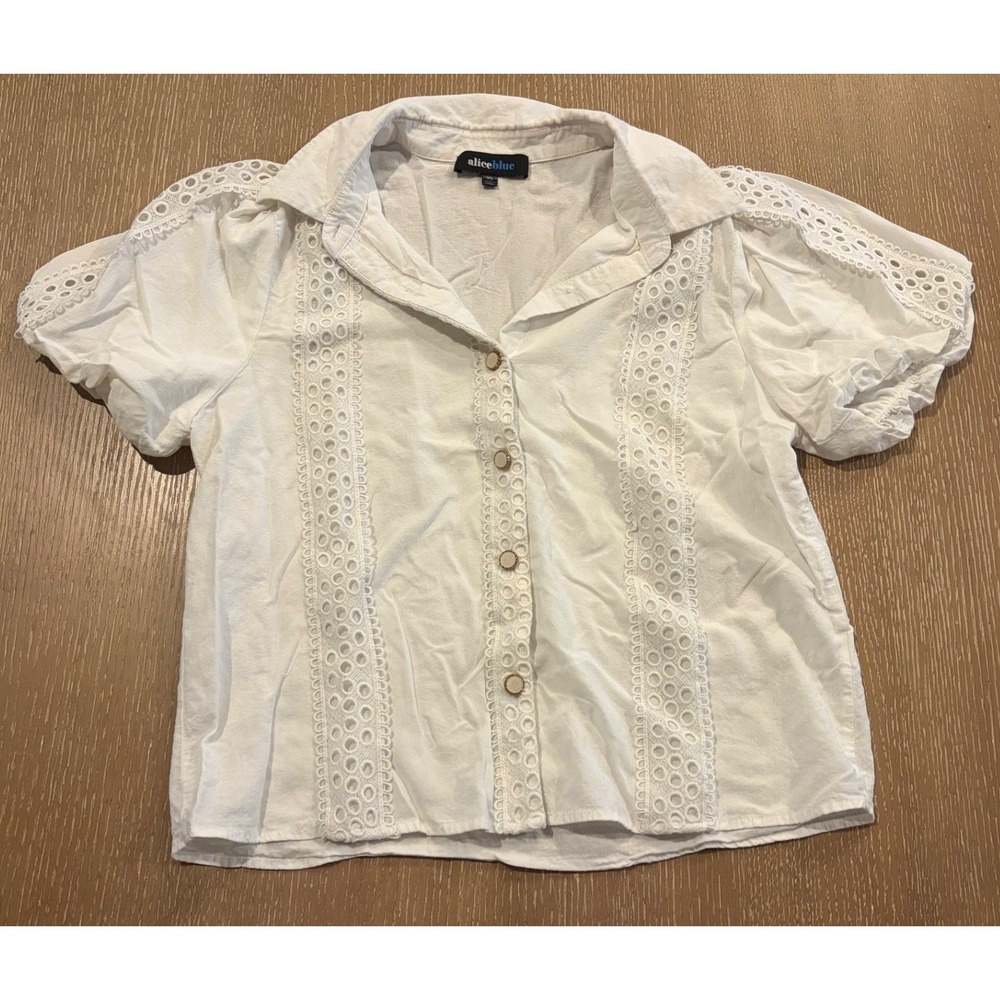 Alice Blue Women's XL White‎ Eyelet Lace Puff Sleeve Button Front Blouse